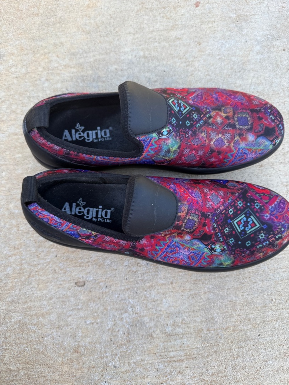 Alegria Slip-On Shoes in Red, Purple and Black Aztec Pattern